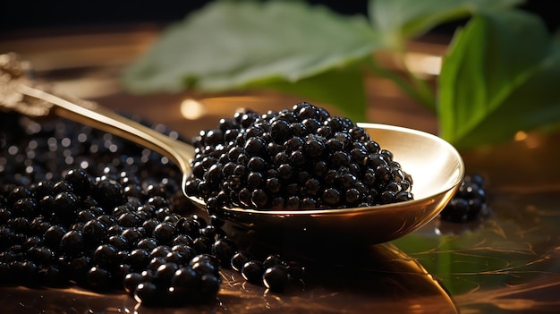 Schwarzer Kaviar auf Eis mit Perlenlöffel Ai generative