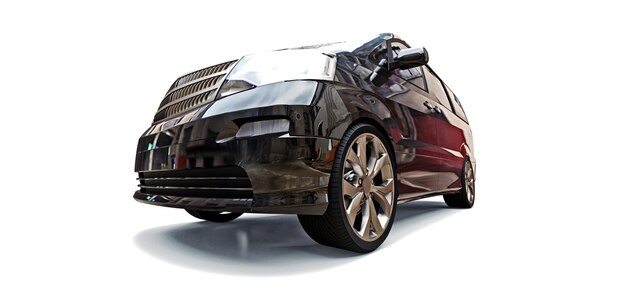 Schwarzer kleiner Minivan für den Personentransport. Dreidimensionale Darstellung auf einem glänzenden grauen Hintergrund. 3D-Rendering.