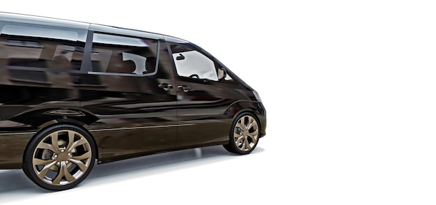 Schwarzer kleiner Minivan für den Transport von Personen Dreidimensionale Darstellung auf einem glänzend grauen Hintergrund 3D-Rendering