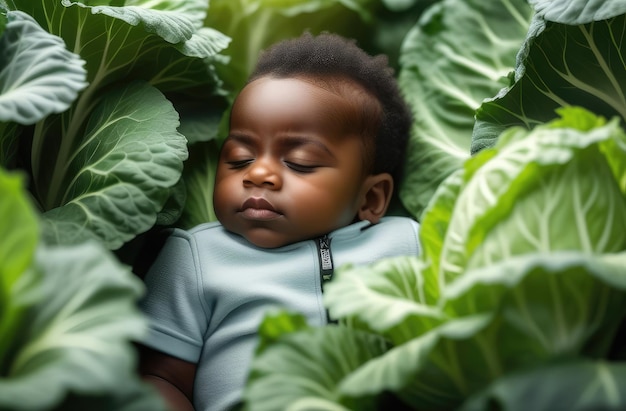 Foto schwarzer kleinkindjunge in kohl, neugeborenes schläft im garten auf dem boden, umgeben von gemüse