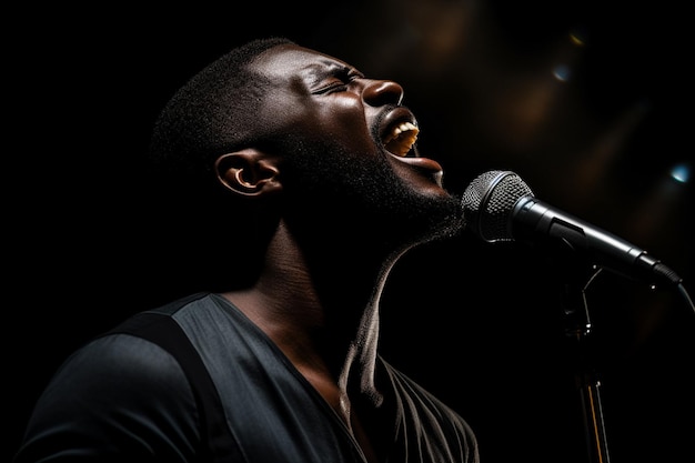 schwarzer männlicher Sänger singt mit Mikrofon vor dunklem Hintergrund