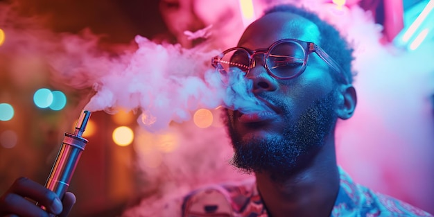 schwarzer männlicher Vaper raucht einen Vape und atmet Dampf in einer rauchigen Bar mit Neonlichtern aus