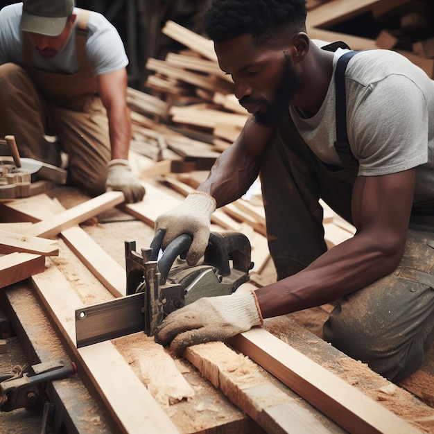 Schwarzer Mann arbeitet geschickt mit Holz in einer Werkstatt mit einem Handwerkzeug Afroamerikanischer Holzarbeiter