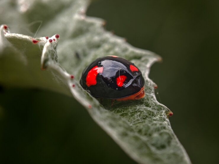 schwarzer Marienkäfer auf einem Blatt