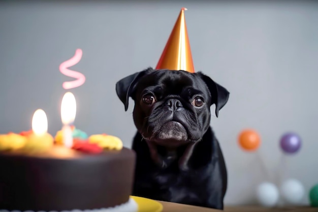 Schwarzer Mops mit Partyhut sitzt am Tisch mit Geburtstagstorte und Kerzen auf grauem Hintergrund