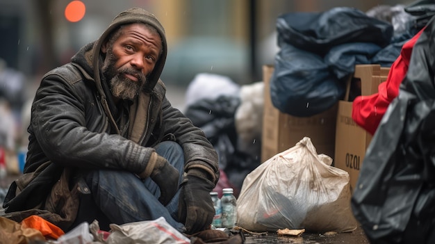 Foto schwarzer obdachloser müllsammler läuft die stadtstraße entlang und blickt in die kamera