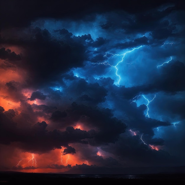 Schwarzer orangefarbener, dunkelblauer, dramatischer Nachthimmel, düsterer, unheilvoller Sturm, Regenwolken im Hintergrund, bewölkter Donner.