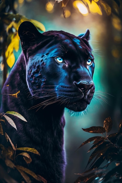 Schwarzer Panther mit blauen Augen im Wald Generative KI