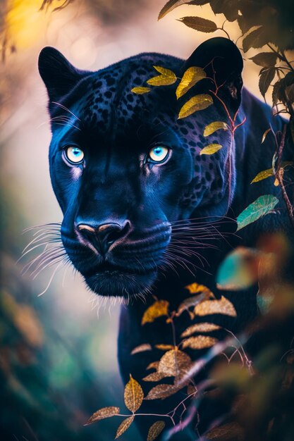 Schwarzer Panther mit blauen Augen im Wald Generative KI