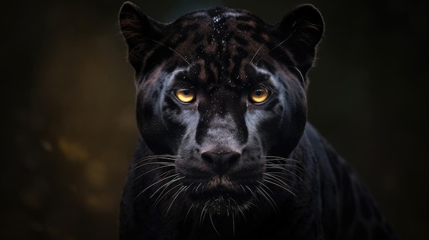 Foto schwarzer panther mit leuchtend gelben augen blickt in die kamera