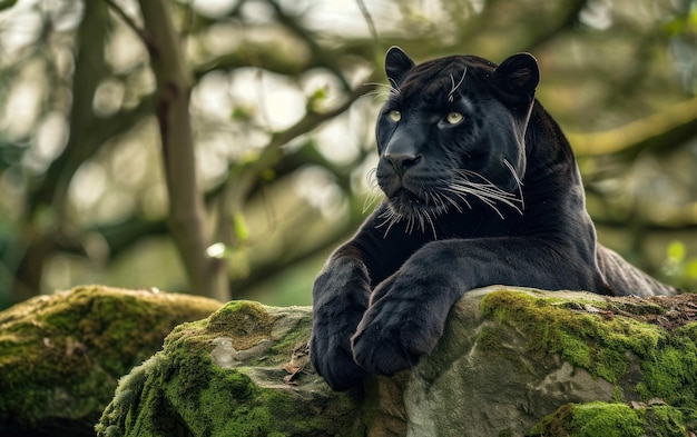 schwarzer Panther ruht majestätisch auf einem mit Moos bedeckten Felsen