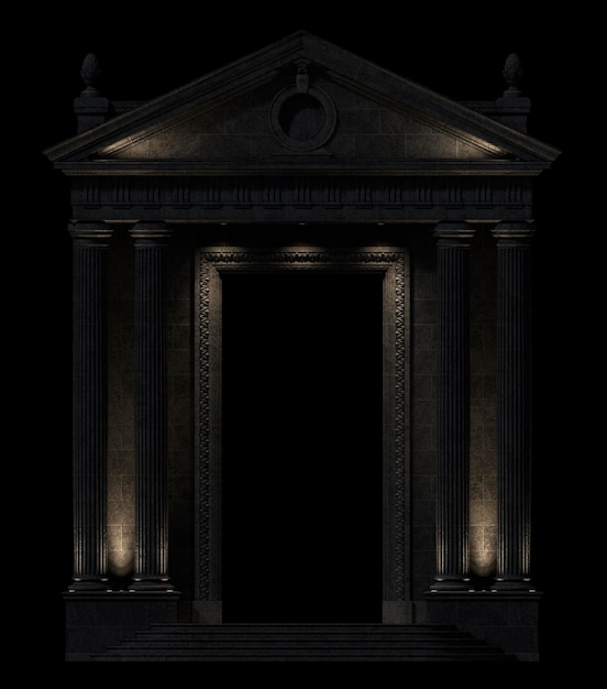 Schwarzer Portikus auf schwarzem Hintergrund. Architektonische Elemente der klassischen Gebäudefassade 3D-Rendering