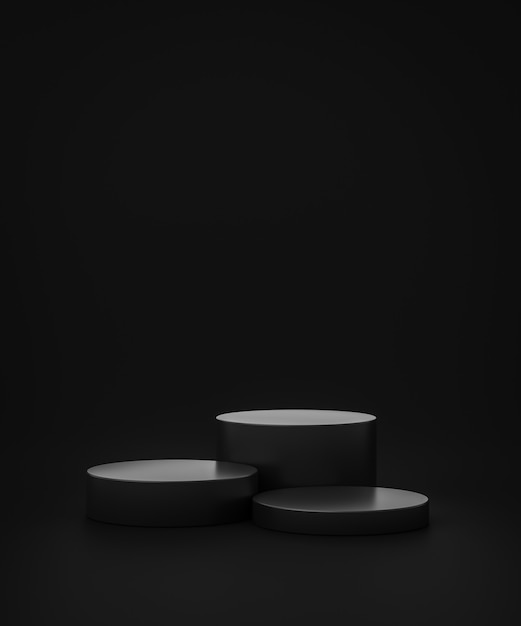 Schwarzer Produkthintergrundständer oder Podiumsockel auf Werbedisplay mit leeren Hintergründen. 3D-Rendering.