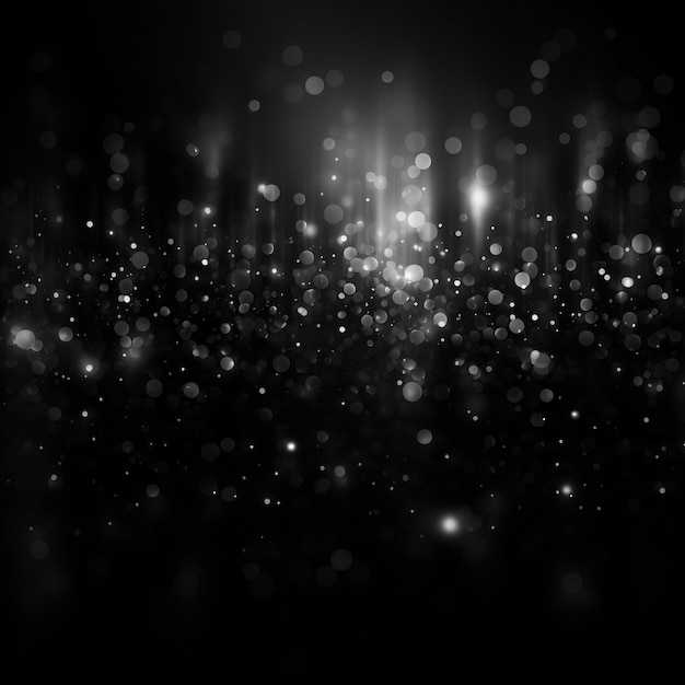 Schwarzer quadratischer Hintergrund mit Bokeh-Effekt, weiße Blitze, Konfetti-Glanz