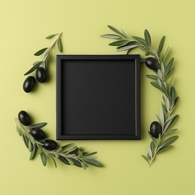 Schwarzer Rahmen auf einer olivfarbenen Wand oder einem olivfarbenen Hintergrund