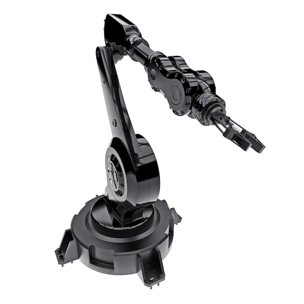 Schwarzer Roboterarm für alle Arbeiten in einer Fabrik oder Produktion Mechatronische Ausrüstung für komplexe Aufgaben