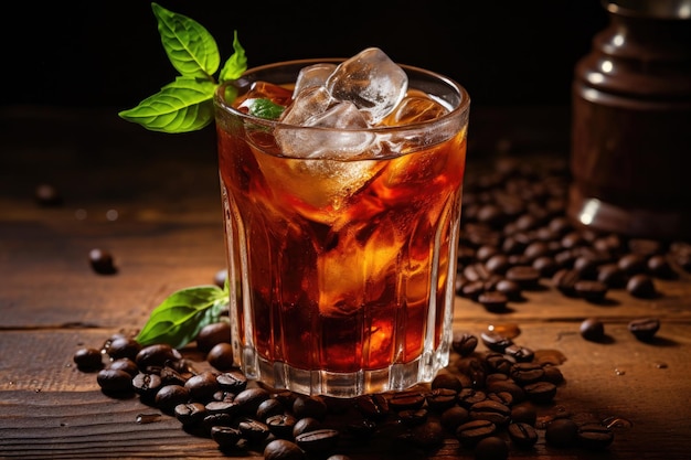 Schwarzer russischer Cocktail mit Wodka und Kaffeelikör mit Kaffeebohnen auf einem hölzernen Hintergrund