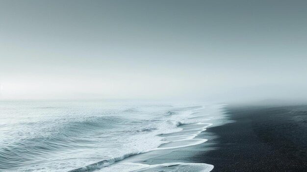 Schwarzer Sandstrand mit nebligem Wetter