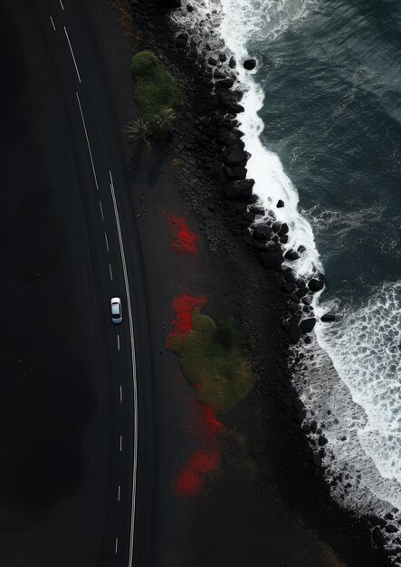 Schwarzer Sandstrand mit Straße und rotem Auto auf Reiseurlaubstapete Generative Ai