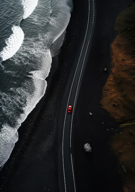 Schwarzer Sandstrand mit Straße und rotem Auto auf Reiseurlaubstapete Generative Ai