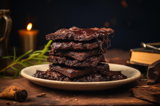 Schwarzer Schokoladen-Brownie-Stapel auf einem rustikalen Tisch erzeugt