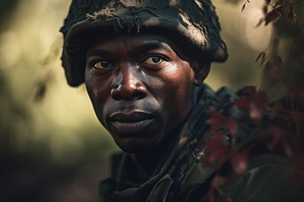 Foto schwarzer soldat im tarnmuster. kriegslächeln. erzeuge ki