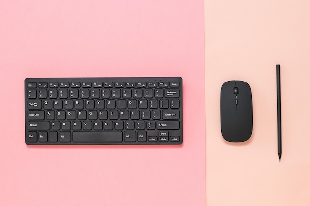 Schwarzer Stift, schwarze Maus und Tastatur auf zweifarbigem Hintergrund