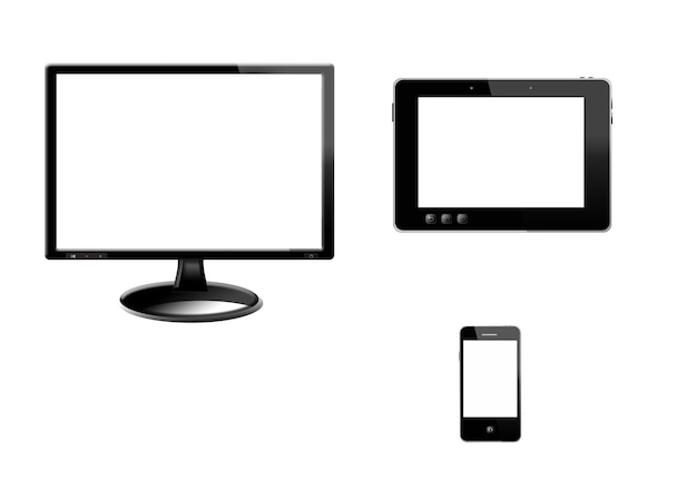 Schwarzer Tablet-Monitor und modernes Mobiltelefon auf weißem Hintergrund