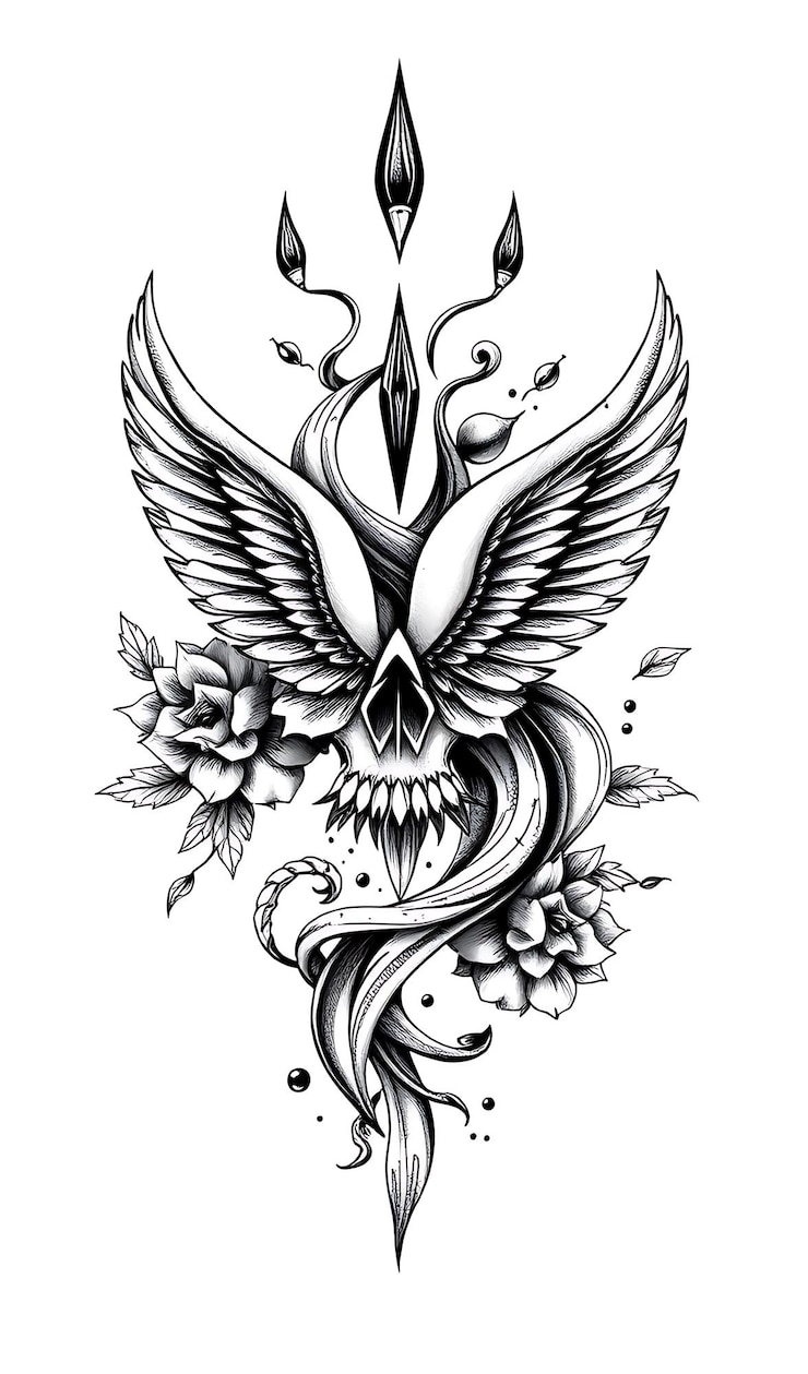 Foto schwarzer tattooschädel mit flügeln und blumen illustration
