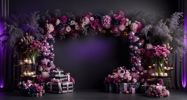 Foto schwarzer und lila geburtstag leere bühne mit blumen karton dekoration funkelnde lichter