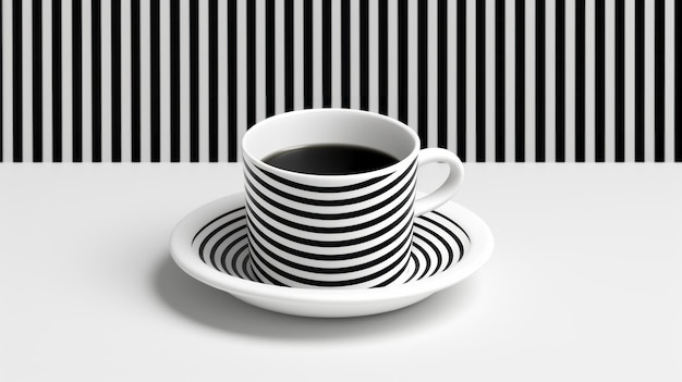 Foto schwarzer und weißer kaffeekopfen und untertasse mit gestreiftem hintergrund