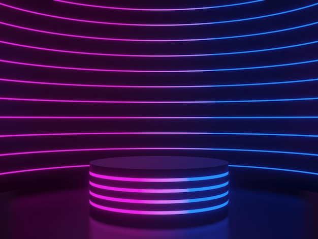 Schwarzes 3D-Podium mit Gradienten-Neonlichtern