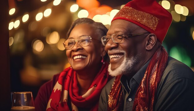 Schwarzes afrikanisches Paar sitzt am festlichen Tisch Weihnachten und Neujahr Konzept