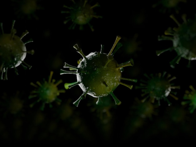 Schwarzes banner mit grünem, auseinanderbrechendem coronavirus-molekül, hochwertiges foto