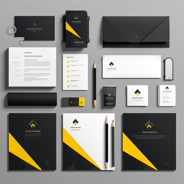 Schwarzes Corporate-Identity-Vorlagendesign mit rundem goldenem Element und Blumenmuster