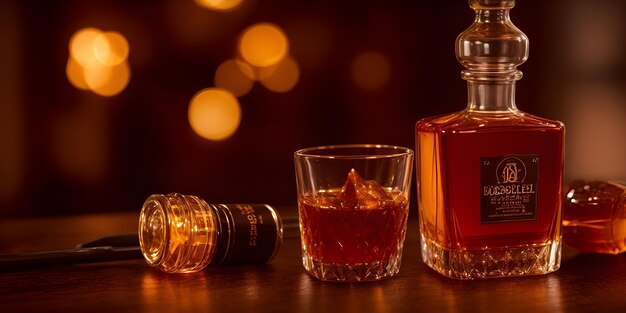 SCHWARZES ETIKET SCOTCH DUBBONET ROUGE MAPLE SIRUP ANGOSTURA BITTERS auf dem Holztisch