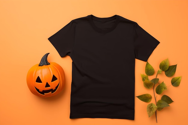 Schwarzes Frauen-T-Shirt Halloween-Mockup mit Kürbis und Blättern auf orangefarbenem Hintergrund Design T-Shirt-Vorlage Druckpräsentation Mockup Top-View-Flat-Lay Generierte KI