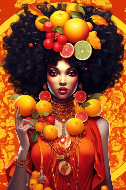 Schwarzes Frauenporträt mit tropischen Früchten, Fantasy-Illustration ai generativ