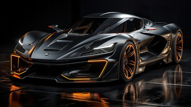 Schwarzes futuristisches Superauto im Spotlight-ästhetischen Hintergrund