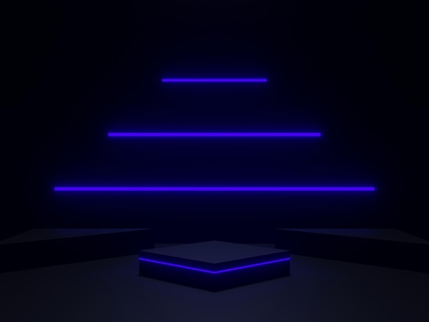Schwarzes geometrisches 3D-Podium mit blauen Neonlichtern
