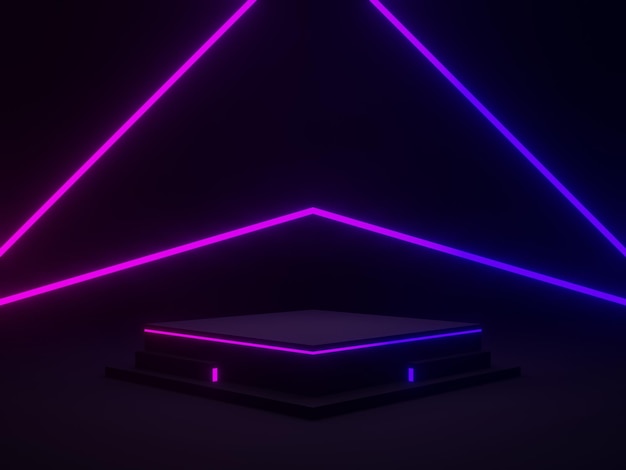 Schwarzes geometrisches 3D-Podium mit blauen und violetten Neonlichtern