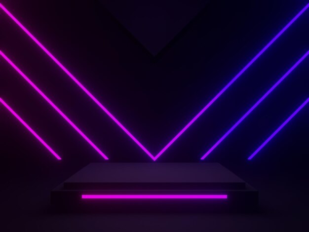 Schwarzes geometrisches 3D-Podium mit blauen und violetten Neonlichtern