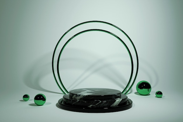 Schwarzes geometrisches Marmor 3D-Podium mit hellgrünem Hintergrund Produktpräsentation 3D-Rendering-Illustration Grüne Kugeln und runder Rahmen