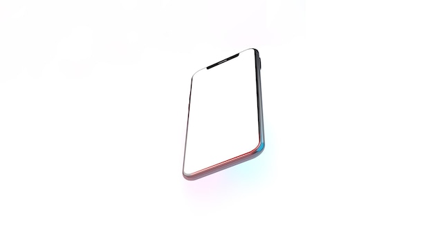 Schwarzes Handy, das auf weißer Hintergrundwiedergabe mit leerem Kopienraum schwimmt. Telefonbildschirmmodell und verschiedene Folien, die in 3D-Rendering schweben. App-Schnittstelle, ux-UI und Konzept für Webdesign-Vorlagen