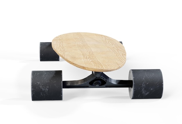 Schwarzes Holz-Skateboard-Mockup isoliert auf weißem Hintergrund Vorder- und Rückseite 3D-Rendering Leeres Holz für städtisches Skaten Mockup oben und Seitenansicht isoliert