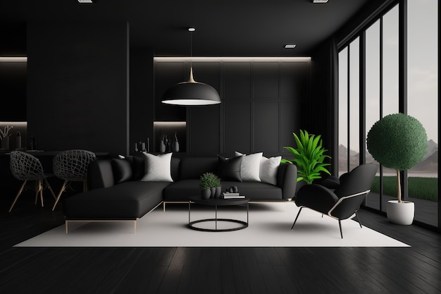 Schwarzes Interieur im Luxusstil Wohnzimmer mit dunklen Wänden Minimalistisches Apartmentdesign Generative Ai