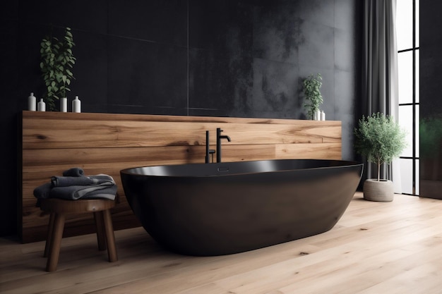 Schwarzes Interieur, weiße Holzmöbel, Badezimmer, modernes Design, Luxusbadewanne, generative KI