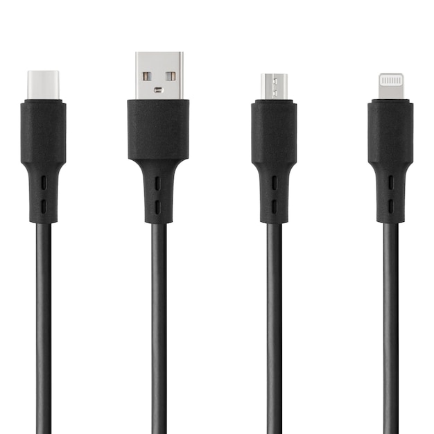 Schwarzes Kabel zum Laden und Synchronisieren mit Type-C-USB-Micro-USB-Lightning-Anschlüssen auf weißem, isoliertem Hintergrund