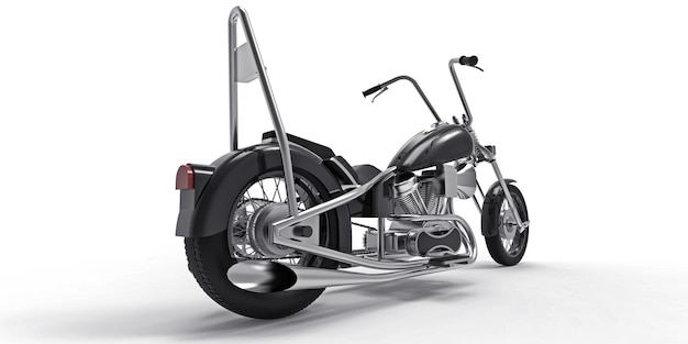 Schwarzes klassisches kundenspezifisches Motorrad lokalisiert auf weißem Hintergrund. 3D-Rendring.