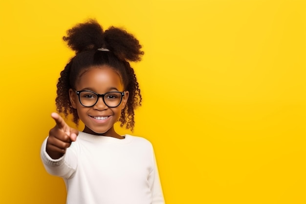 Schwarzes kleines Mädchen von zehn Jahren mit weißem T-Shirt und Brille auf einem gelben Hintergrund, Schulmädchen mit